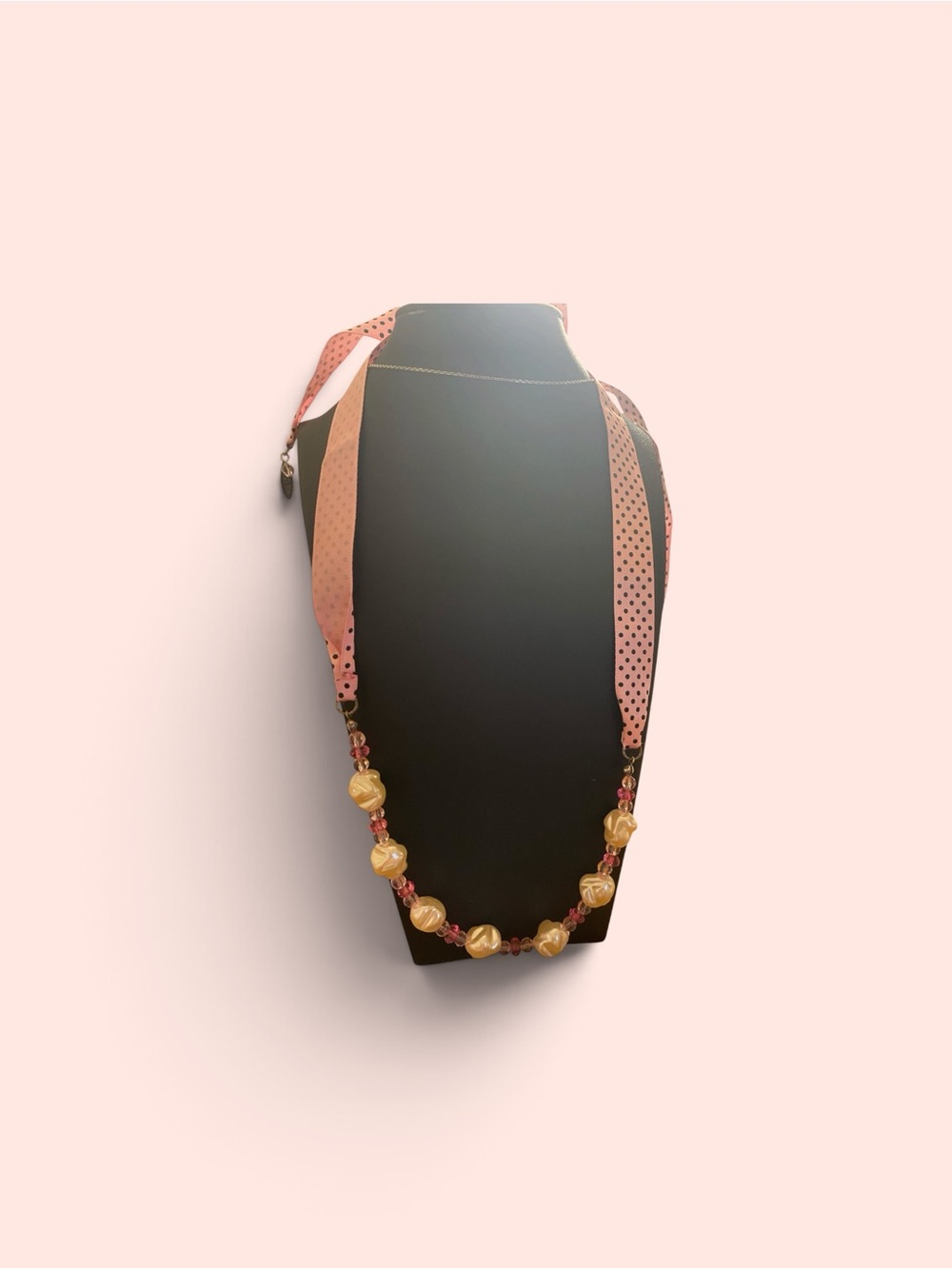 Delicate Pink Ribbon Necklace with Gold Bead Accents